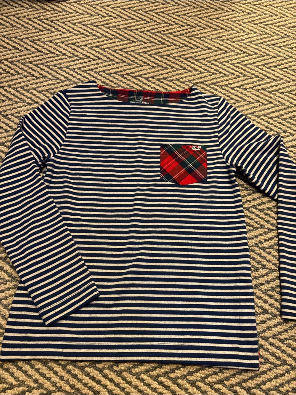 Vineyard Vines Navy & White Striped Long-Sleeve Tee with Red Plaid Pocket